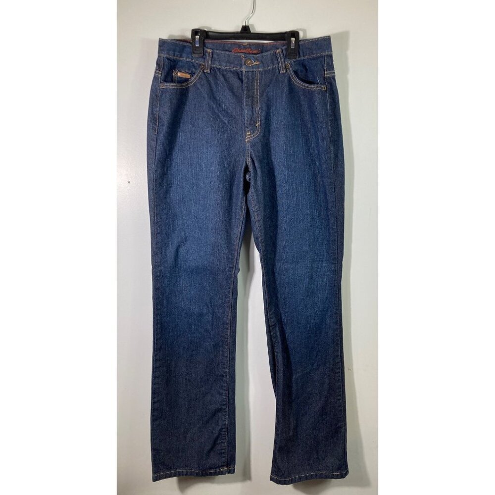Womens Eddie‎ Bauer Boot Cut Dark Wash Cotton Jeans 12 Tall